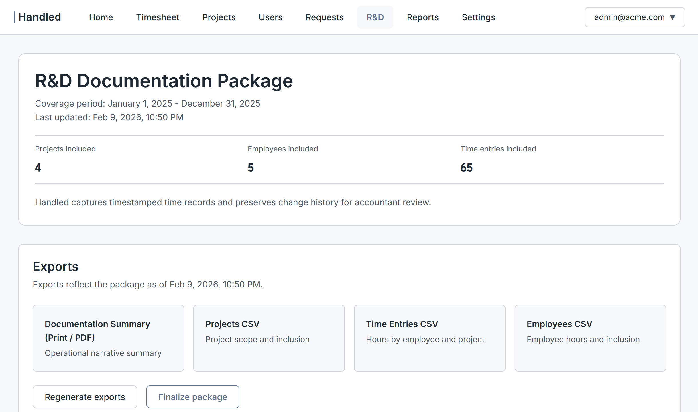 Export screen showing an R&D documentation package (PDF + CSV) with coverage period and "as of" timestamp